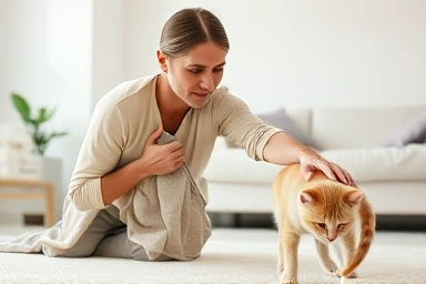 Cat owner observing cat's vomit, concerned but calm.